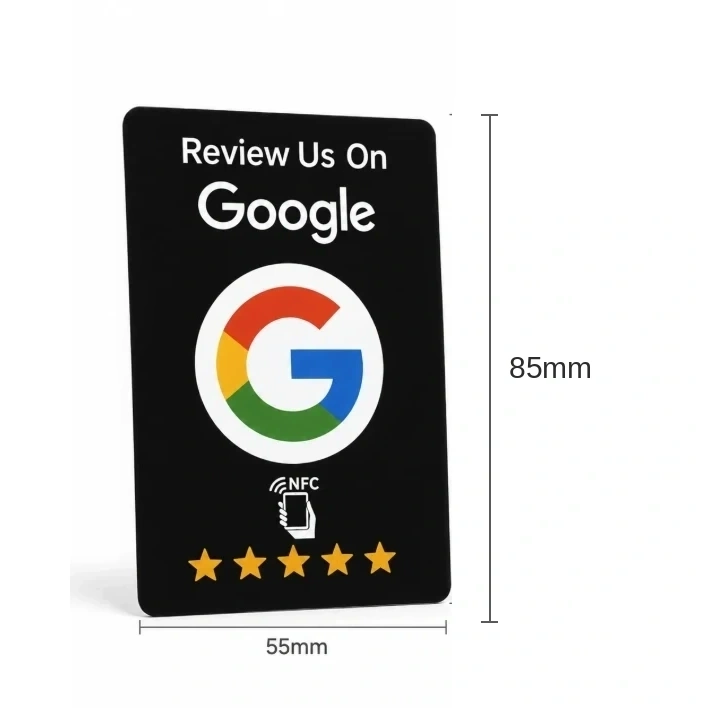 Klink NFC review card, black design with dimensions, 85mm height, 55mm width