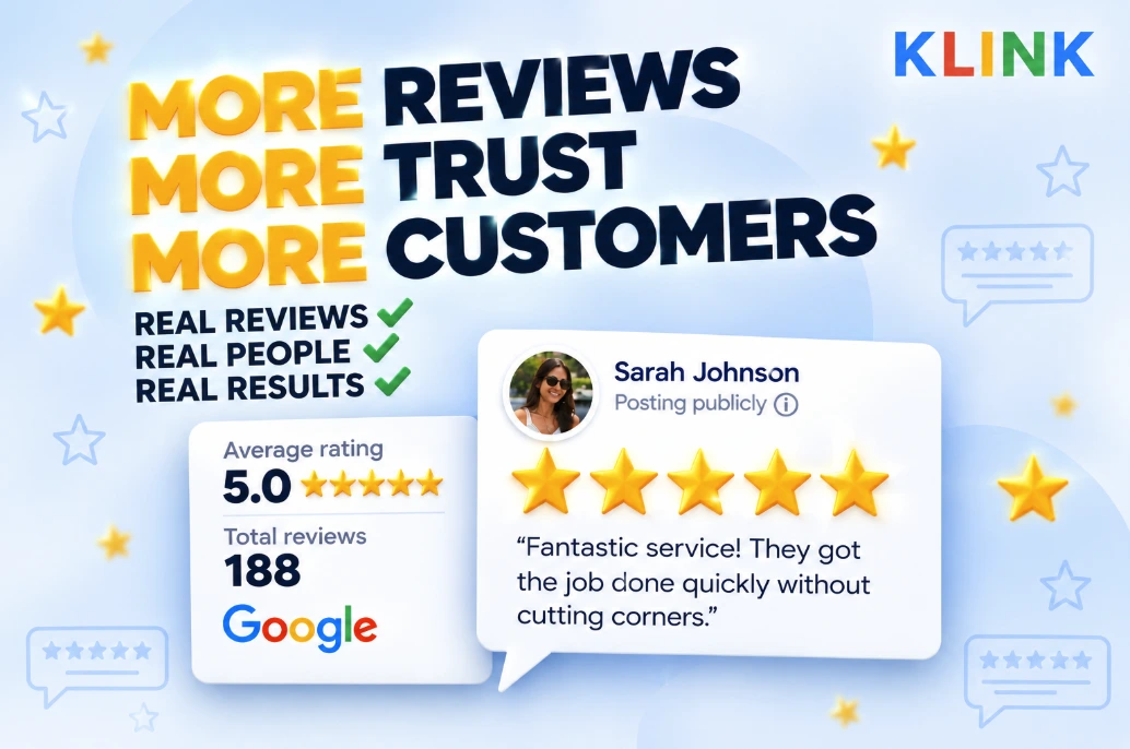 More reviews, more trust, more customers. Example Google review card showing a 5.0 average rating and a five-star review.